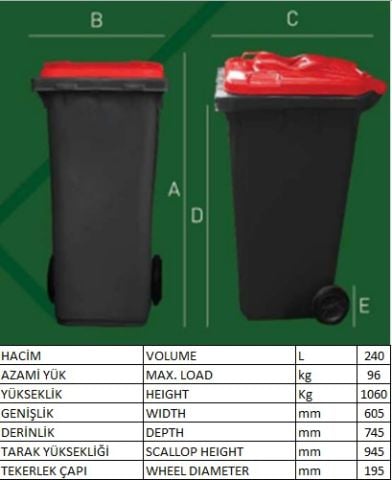 Konteyner 240 Lt Yeşil Pedallı