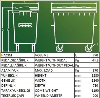 Konteyner 770 Lt Renkli Pedallı